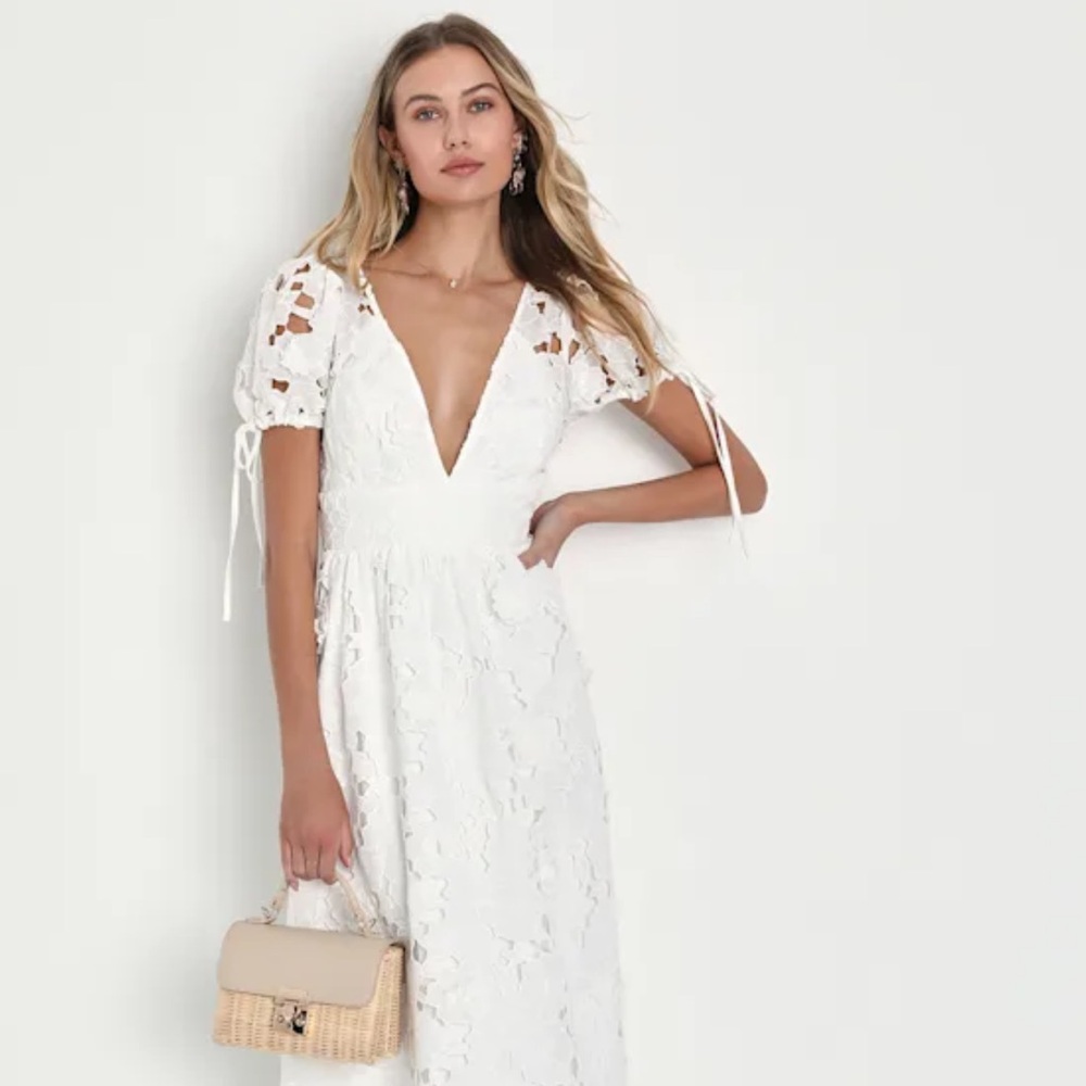 Lulus Flourishing Blossoms White 3D Floral Backless Midi Dress